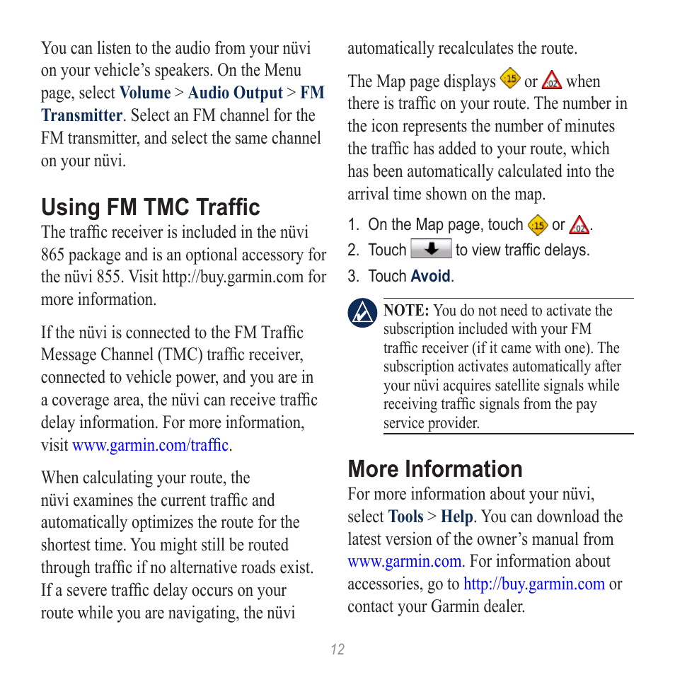 Using fm tmc traffic, More information | Garmin nuvi 865T User Manual | Page 12 / 12