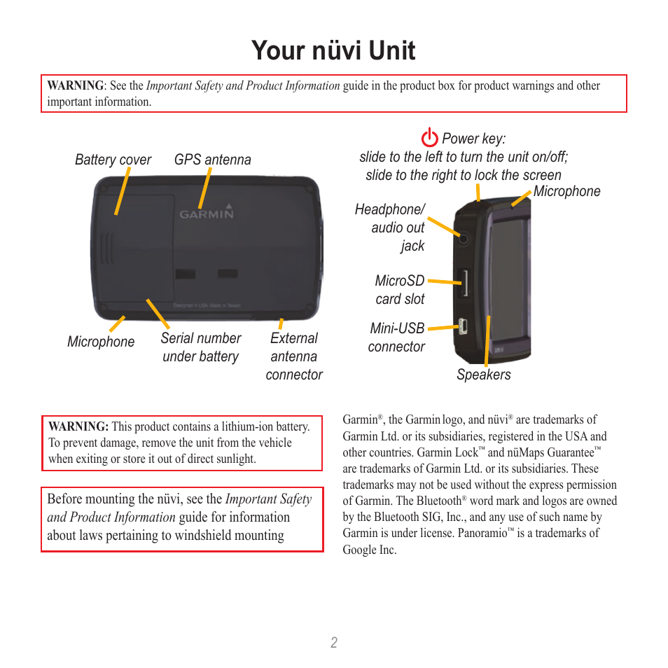 Your nüvi unit | Garmin nuvi 865T User Manual | Page 2 / 12