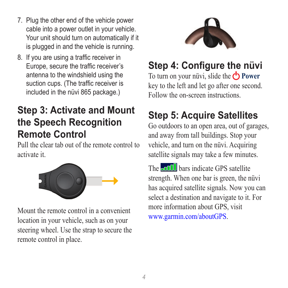 Step 4: configure the nüvi, Step 5: acquire satellites | Garmin nuvi 865T User Manual | Page 4 / 12