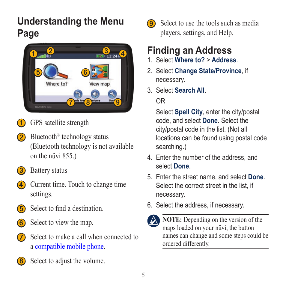 Understanding the menu page, Finding an address | Garmin nuvi 865T User Manual | Page 5 / 12