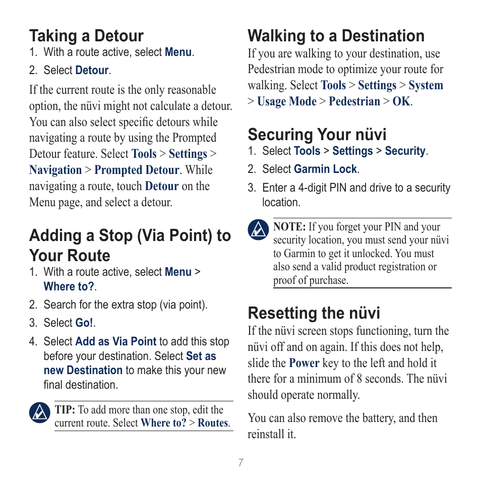 Taking a detour, Adding a stop (via point) to your route, Walking to a destination | Securing your nüvi, Resetting the nüvi | Garmin nuvi 865T User Manual | Page 7 / 12