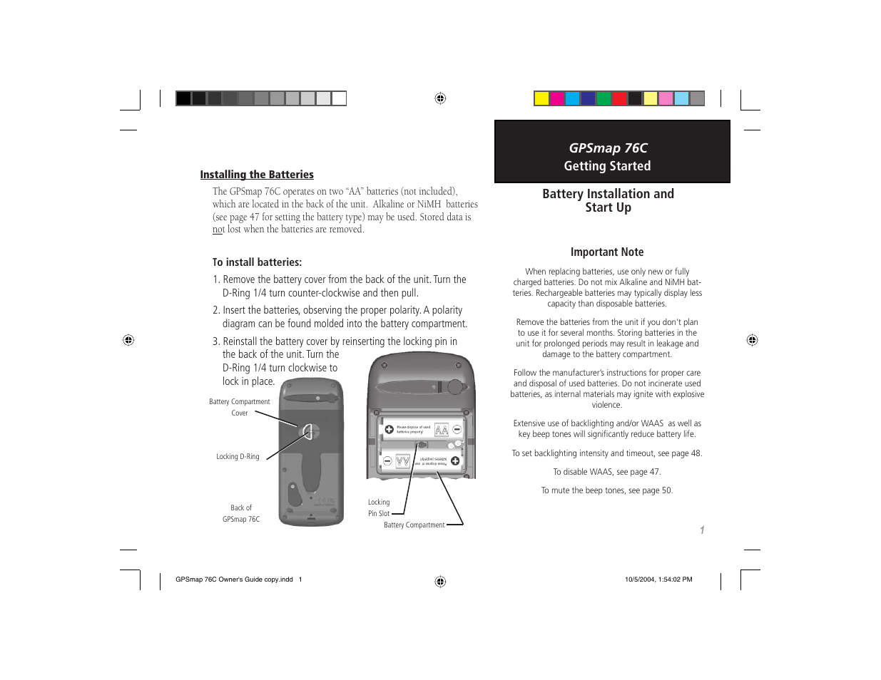 Gpsmap 76c battery installation and start up, Getting started | Garmin GPSMAP 76C User Manual | Page 11 / 96