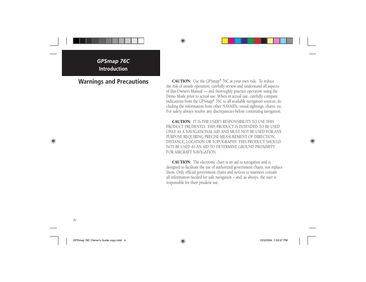 Warnings and precautions | Garmin GPSMAP 76C User Manual | Page 6 / 96