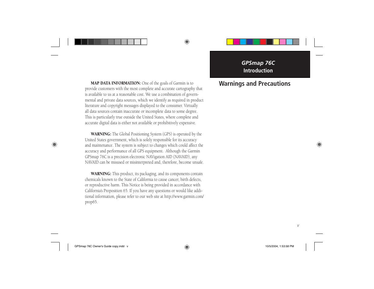 Warnings and precautions | Garmin GPSMAP 76C User Manual | Page 7 / 96