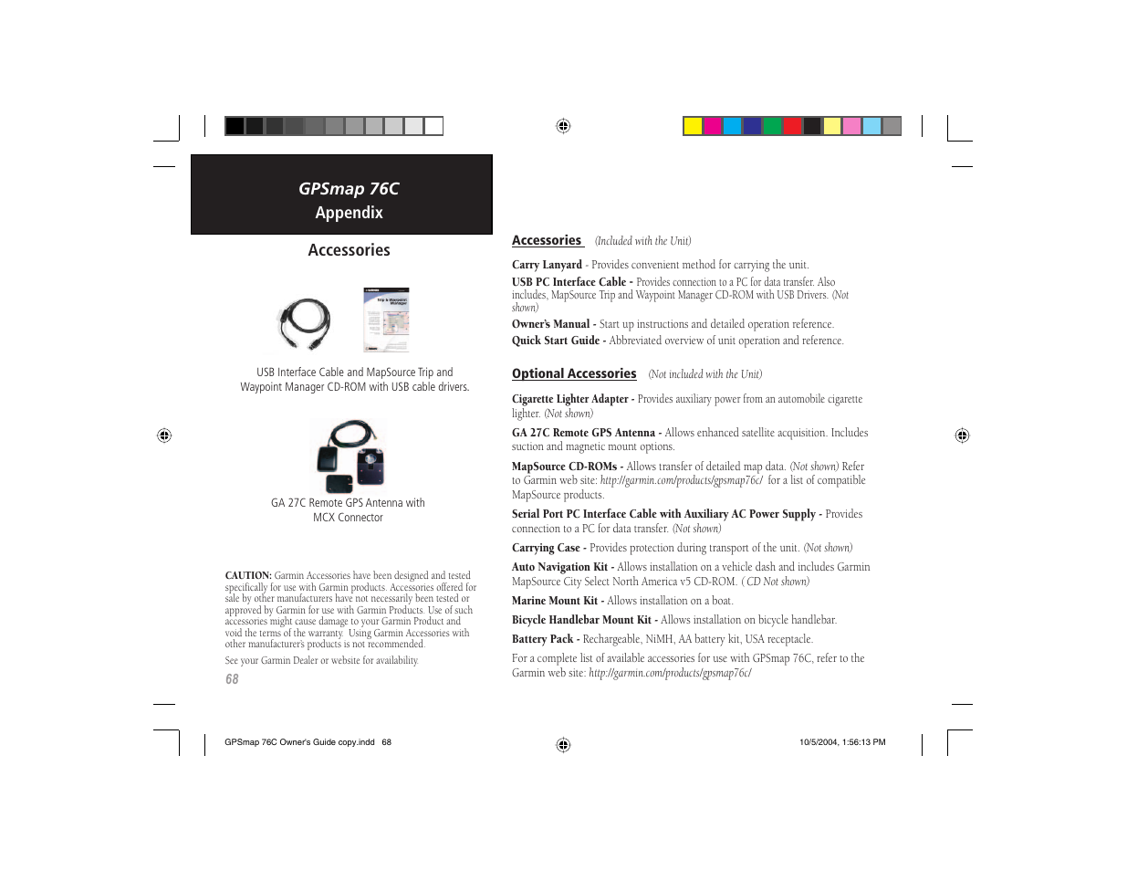 Gpsmap 76c appendix, Accessories | Garmin GPSMAP 76C User Manual | Page 78 / 96