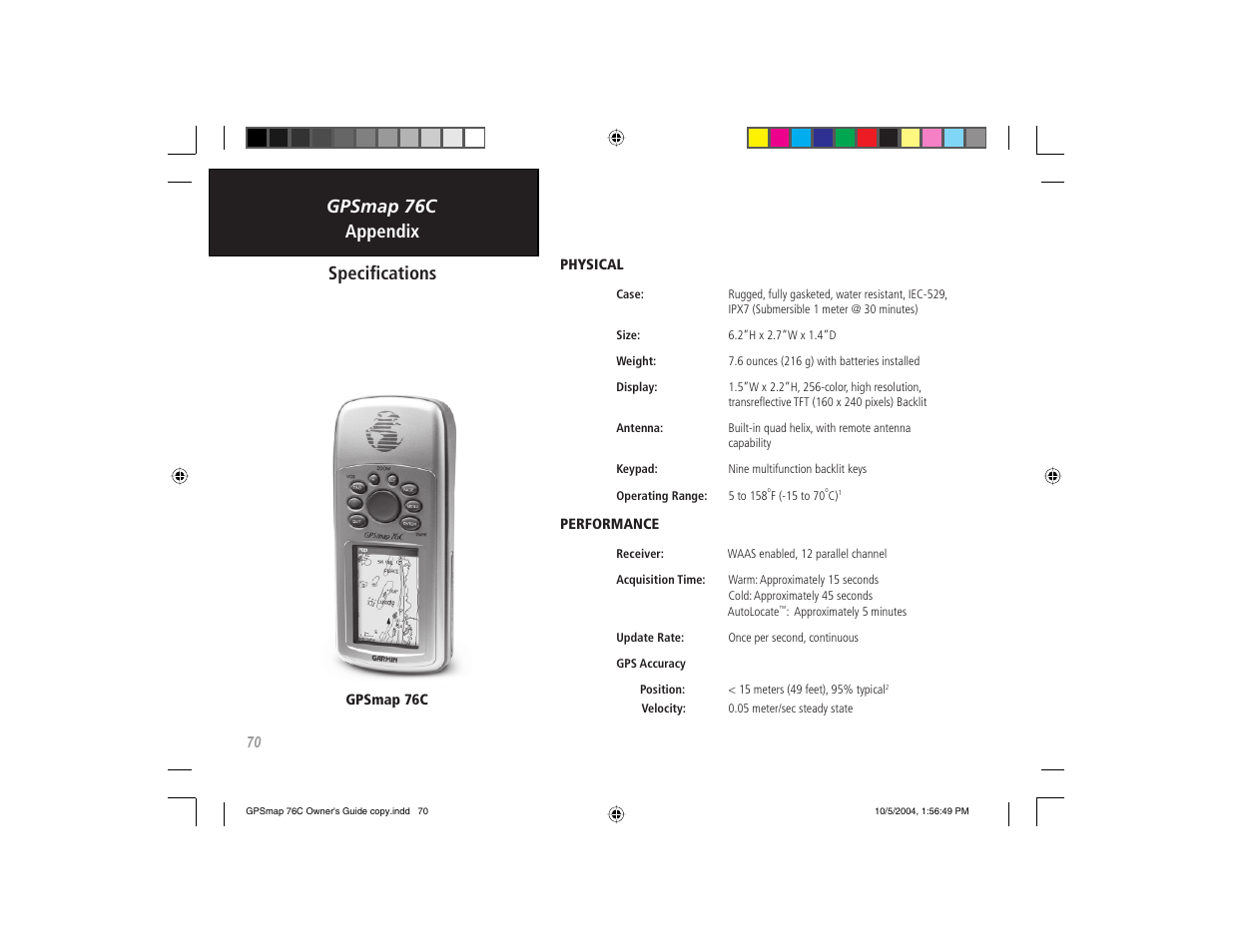 Gpsmap 76c appendix, Speciﬁ cations | Garmin GPSMAP 76C User Manual | Page 80 / 96