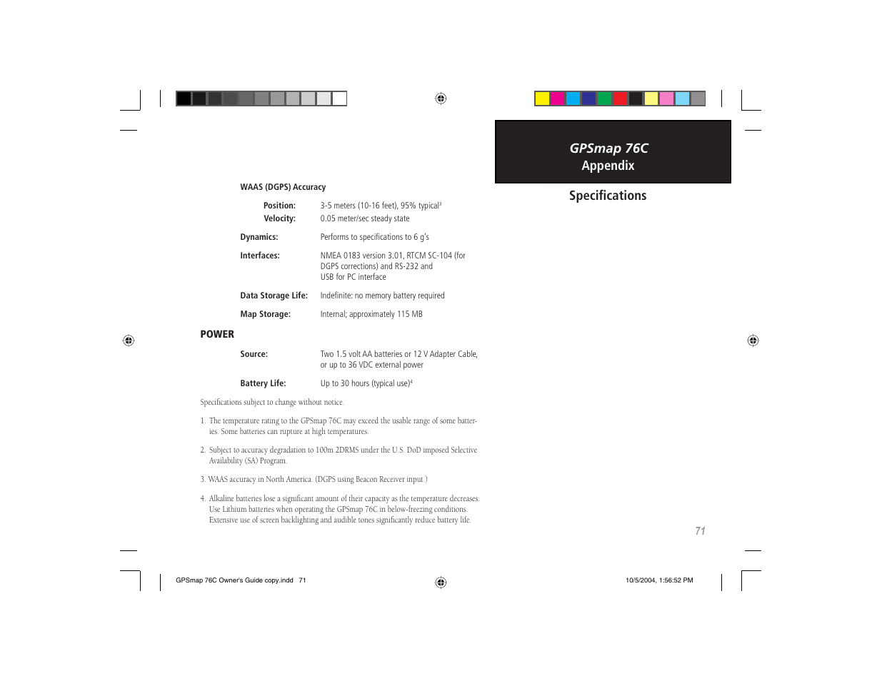 Gpsmap 76c appendix, Speciﬁ cations | Garmin GPSMAP 76C User Manual | Page 81 / 96