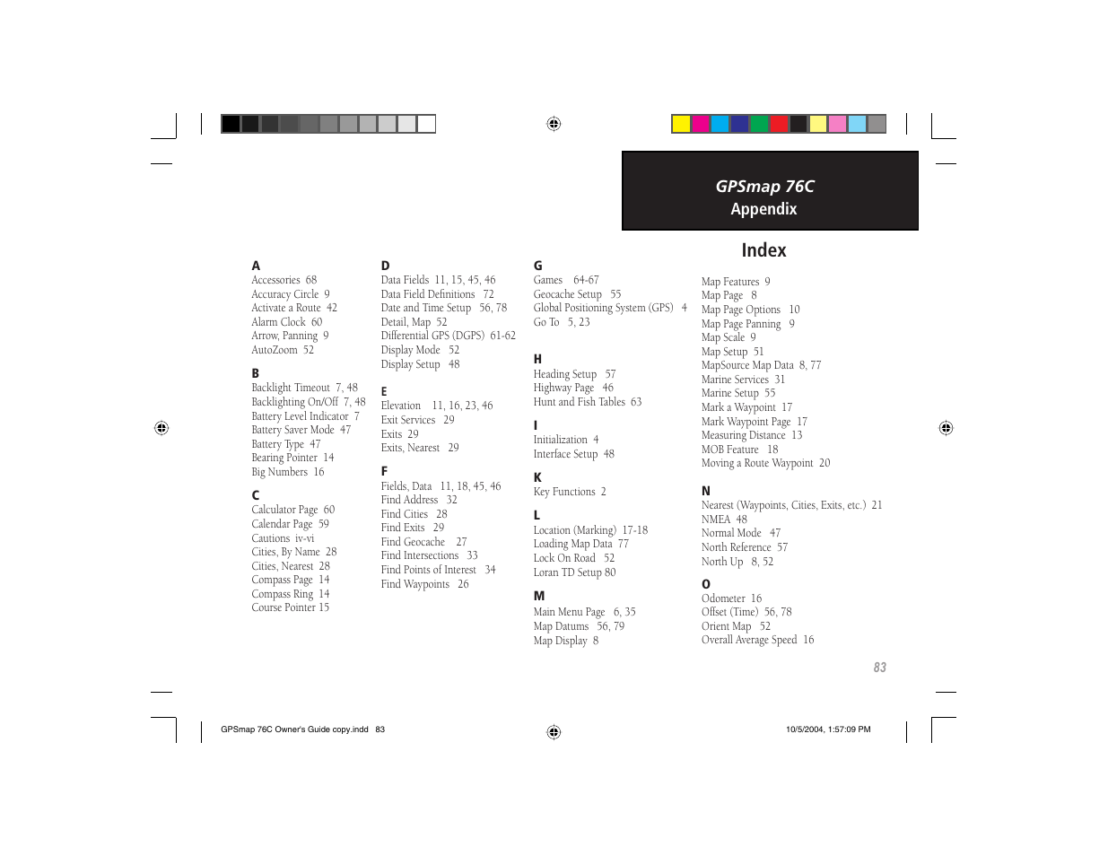 Index | Garmin GPSMAP 76C User Manual | Page 93 / 96