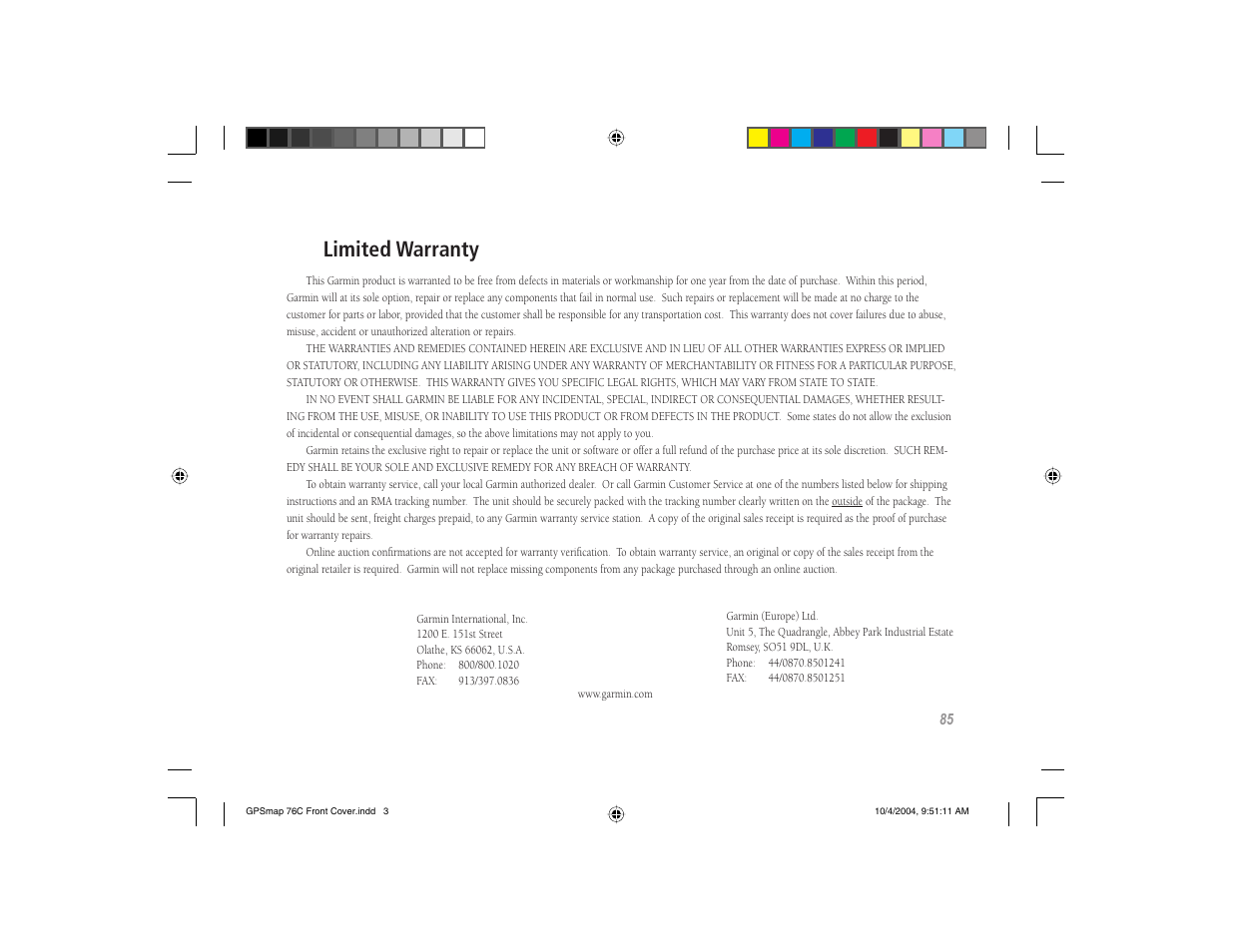 Limited warranty | Garmin GPSMAP 76C User Manual | Page 95 / 96