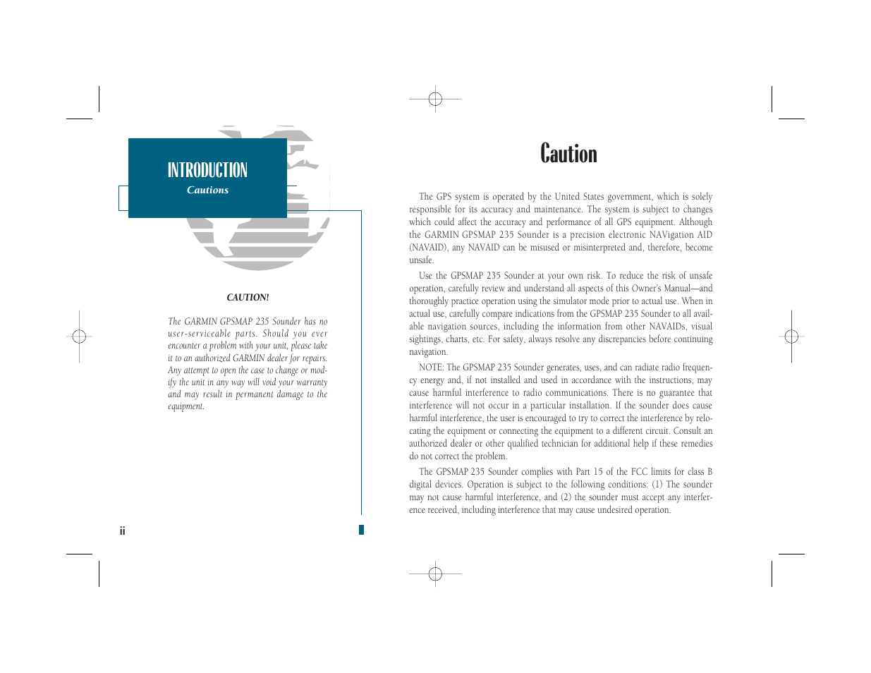 Caution, Introduction | Garmin GPSMAP 235 Sounder User Manual | Page 4 / 119