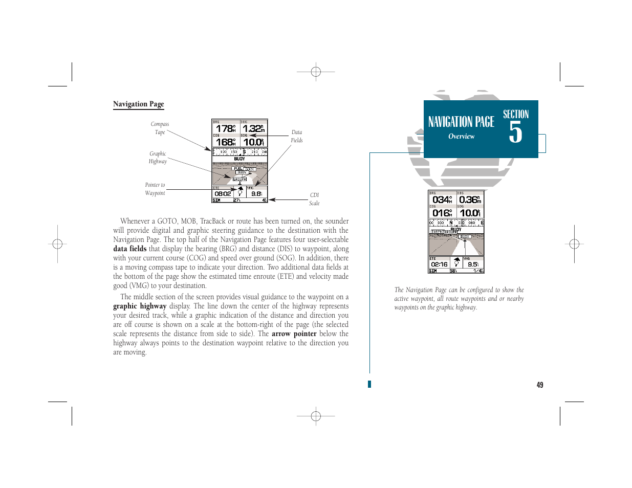 Getting start- ed, Navigation page | Garmin GPSMAP 235 Sounder User Manual | Page 59 / 119