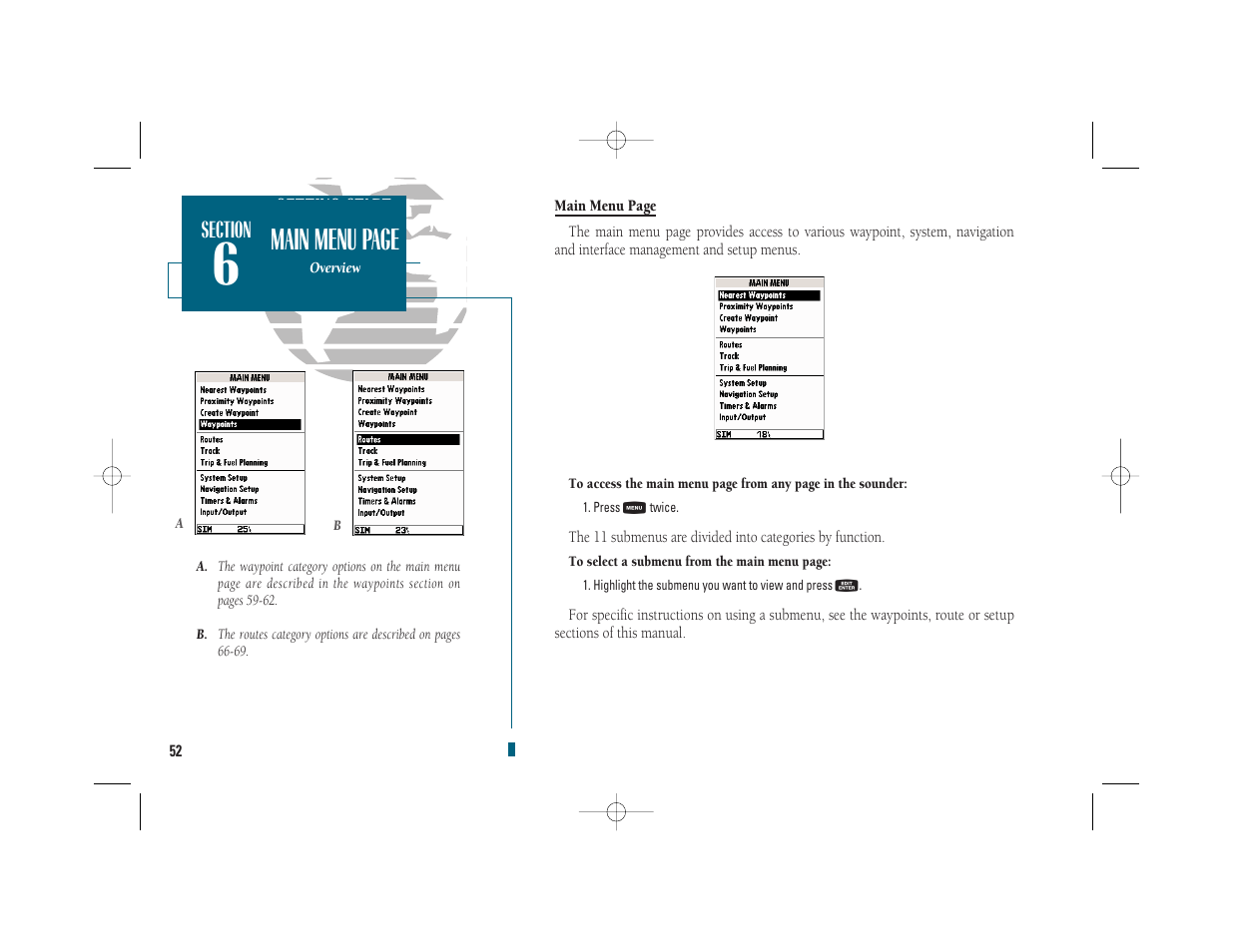 Getting start- ed, Main menu page | Garmin GPSMAP 235 Sounder User Manual | Page 62 / 119