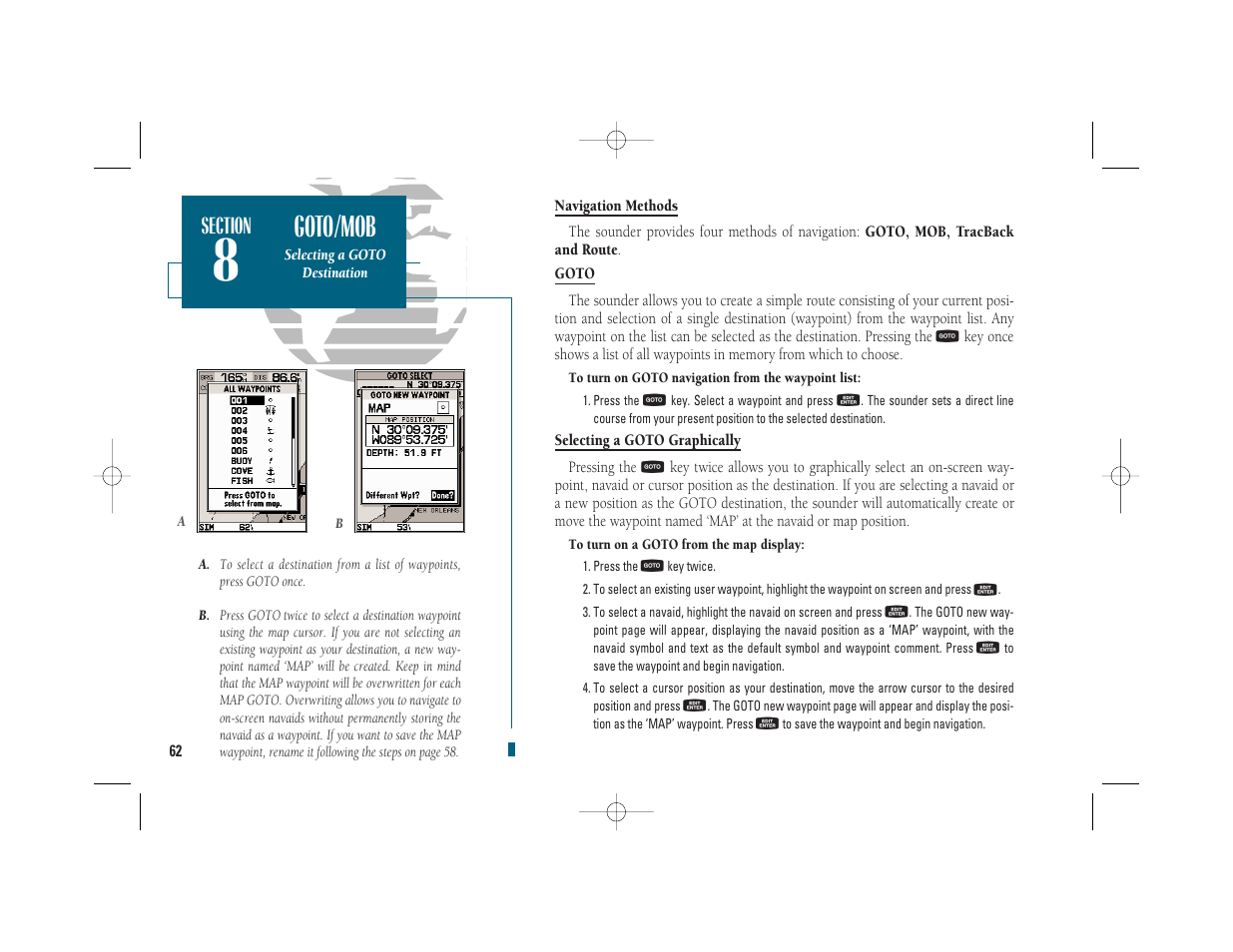 Getting start- ed, Goto/mob | Garmin GPSMAP 235 Sounder User Manual | Page 72 / 119