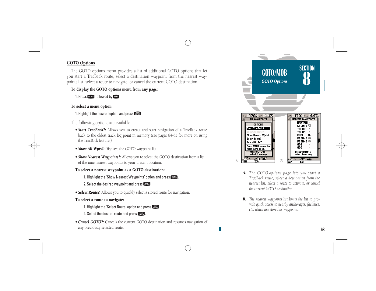 Getting start- ed, Goto/mob | Garmin GPSMAP 235 Sounder User Manual | Page 73 / 119