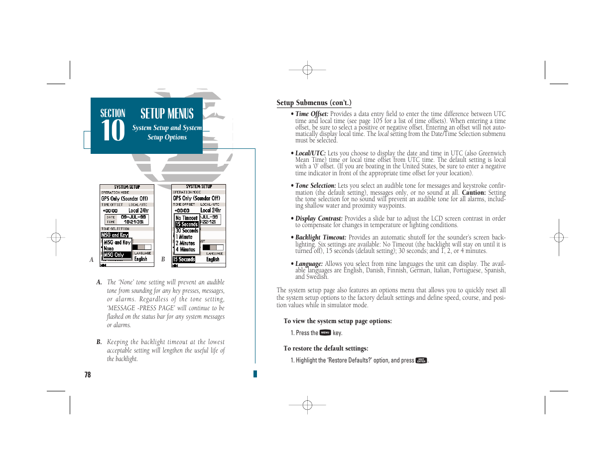 Getting start- ed, Setup menus | Garmin GPSMAP 235 Sounder User Manual | Page 88 / 119