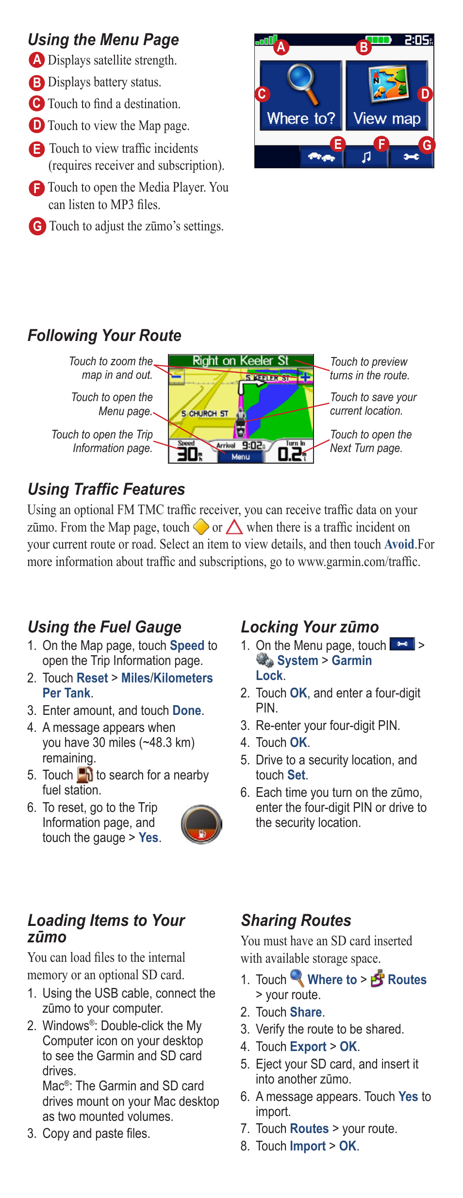 Using the fuel gauge, Locking your zūmo, Following your route using traffic features | Loading items to your zūmo, Sharing routes, Using the menu page | Garmin zumo 450 User Manual | Page 2 / 2