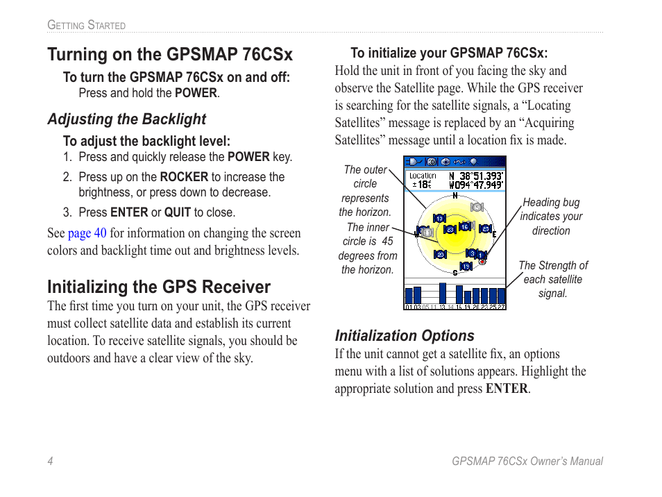 Turning on the gpsmap 76csx, Initializing the gps receiver, Turning on the gpsm�p 76csx | Garmin GPSMAP 76CSx User Manual | Page 10 / 64