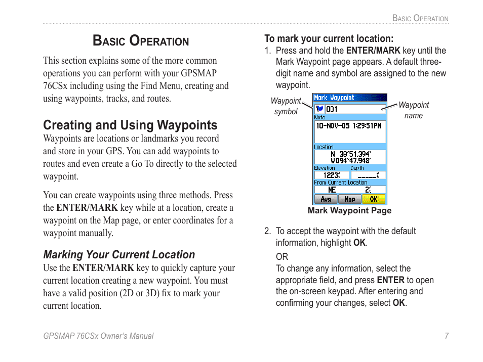 Basic operation, Creating and using waypoints | Garmin GPSMAP 76CSx User Manual | Page 13 / 64