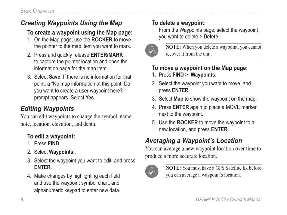 Creating waypoints using the map, Editing waypoints, Averaging a waypoint’s location | Garmin GPSMAP 76CSx User Manual | Page 14 / 64
