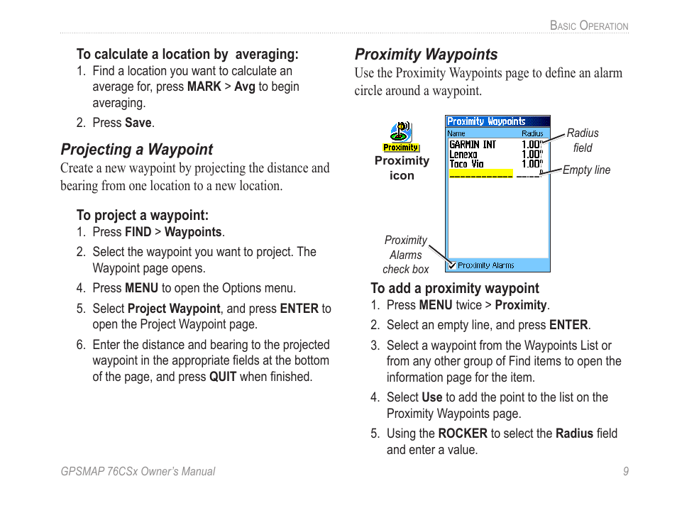 Projecting a waypoint, Proximity waypoints | Garmin GPSMAP 76CSx User Manual | Page 15 / 64