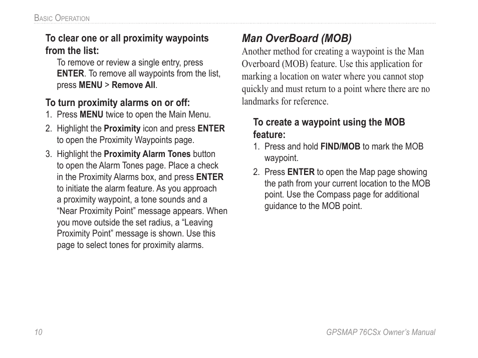 Man overboard (mob) | Garmin GPSMAP 76CSx User Manual | Page 16 / 64