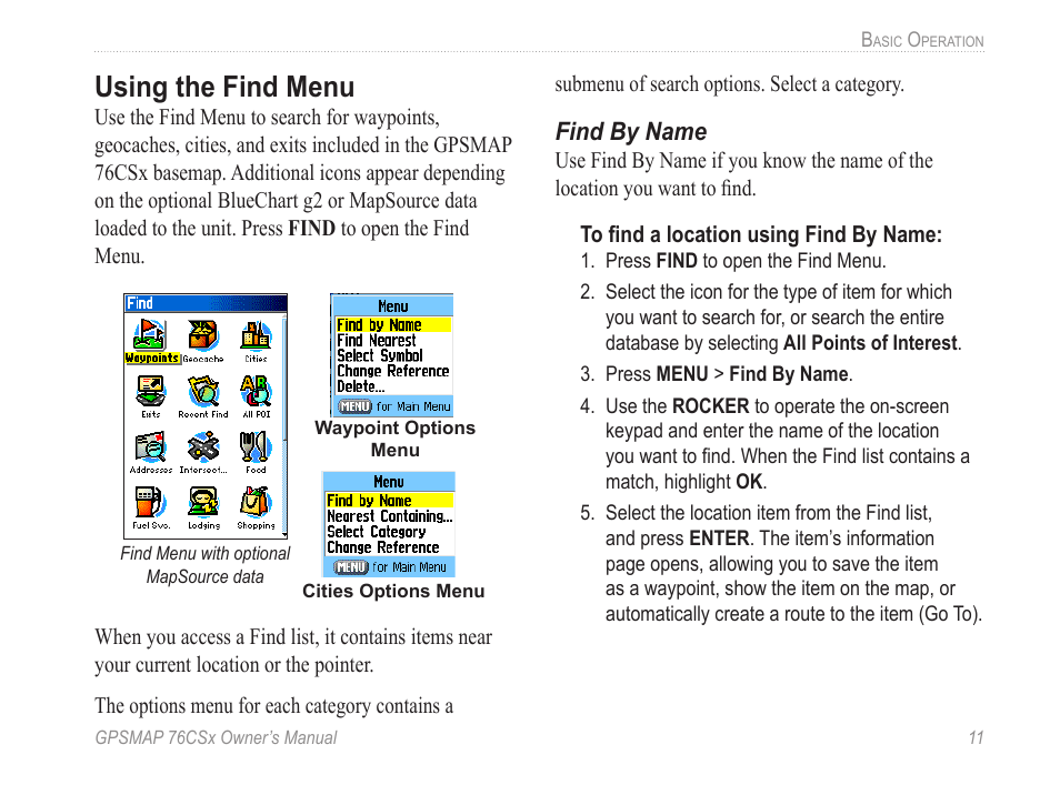 Using the find menu, Find by name | Garmin GPSMAP 76CSx User Manual | Page 17 / 64