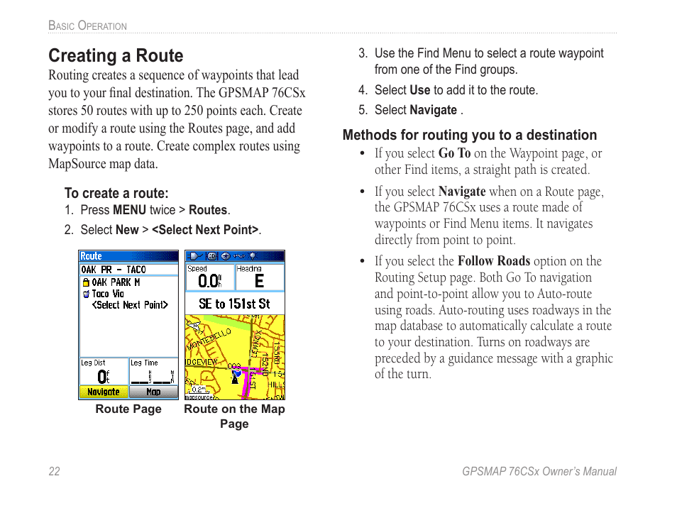 Creating a route | Garmin GPSMAP 76CSx User Manual | Page 28 / 64