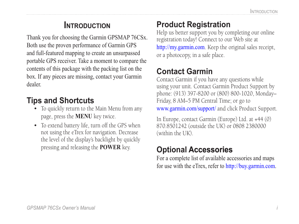 Introduction, Tips and shortcuts, Product registration | Contact garmin, Optional accessories, Optional �ccessories �ccessories | Garmin GPSMAP 76CSx User Manual | Page 3 / 64