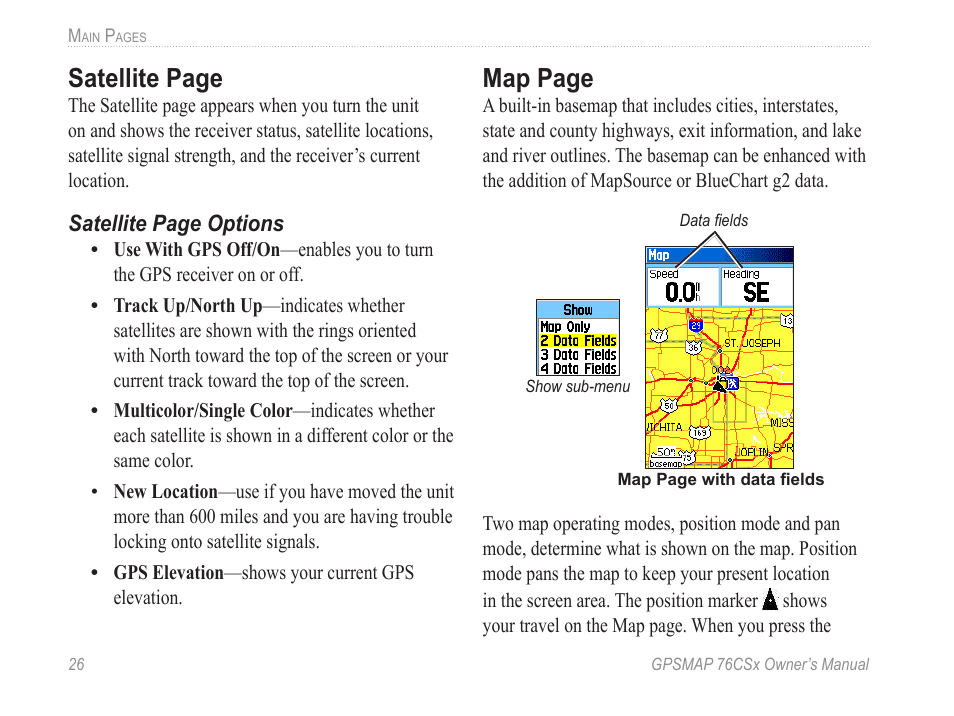 Satellite page, Map page | Garmin GPSMAP 76CSx User Manual | Page 32 / 64