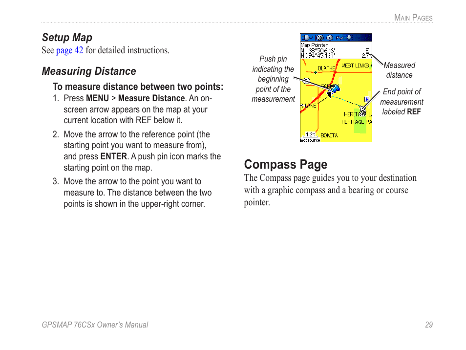Compass page, Setup map, Measuring distance | Garmin GPSMAP 76CSx User Manual | Page 35 / 64