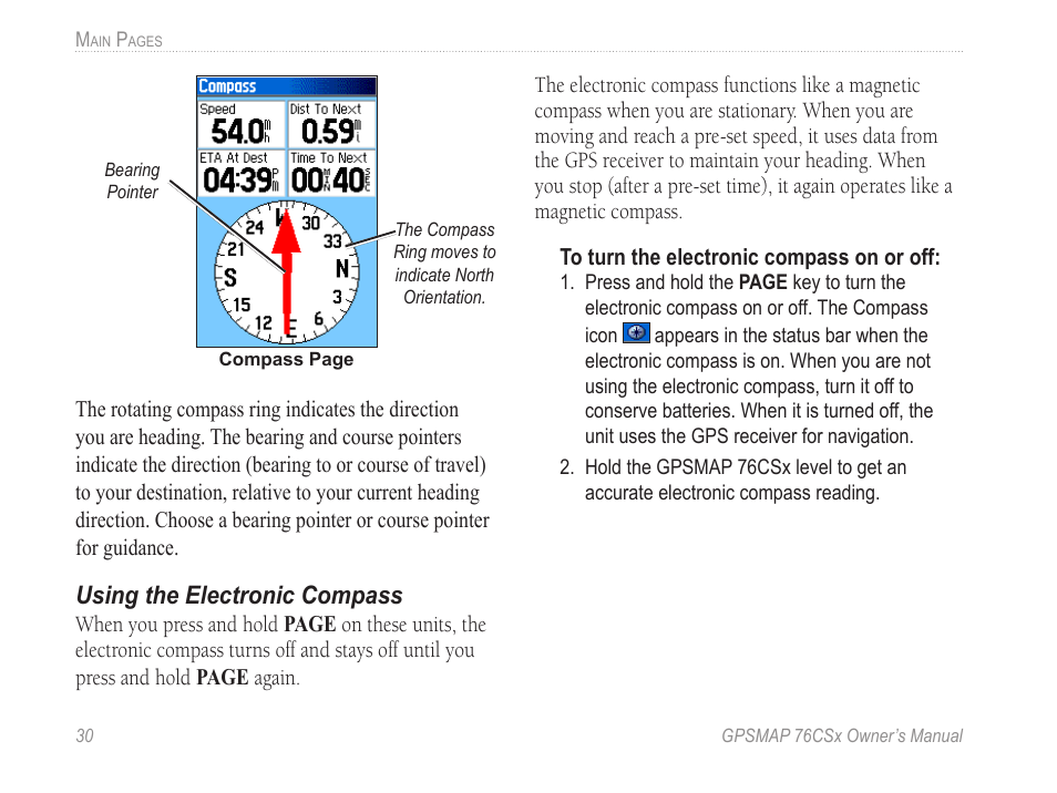 Using the electronic compass | Garmin GPSMAP 76CSx User Manual | Page 36 / 64