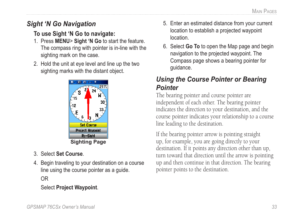 Sight ‘n go navigation, Using the course pointer or bearing pointer | Garmin GPSMAP 76CSx User Manual | Page 39 / 64