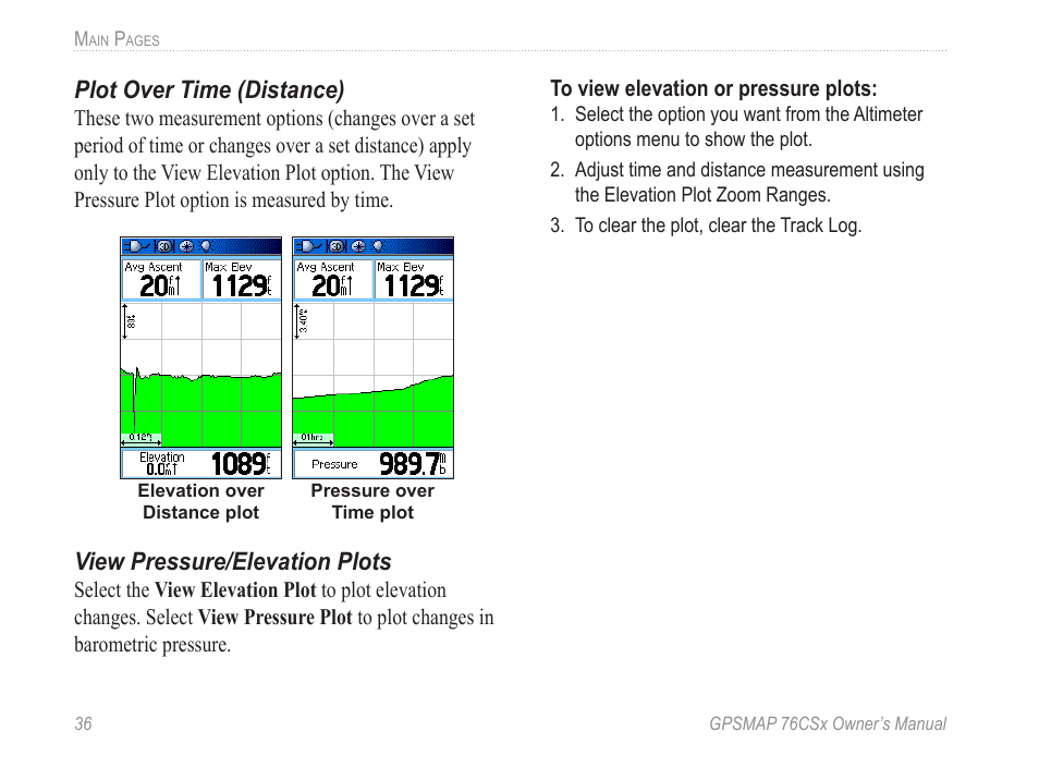 Plot over time (distance), View pressure/elevation plots | Garmin GPSMAP 76CSx User Manual | Page 42 / 64