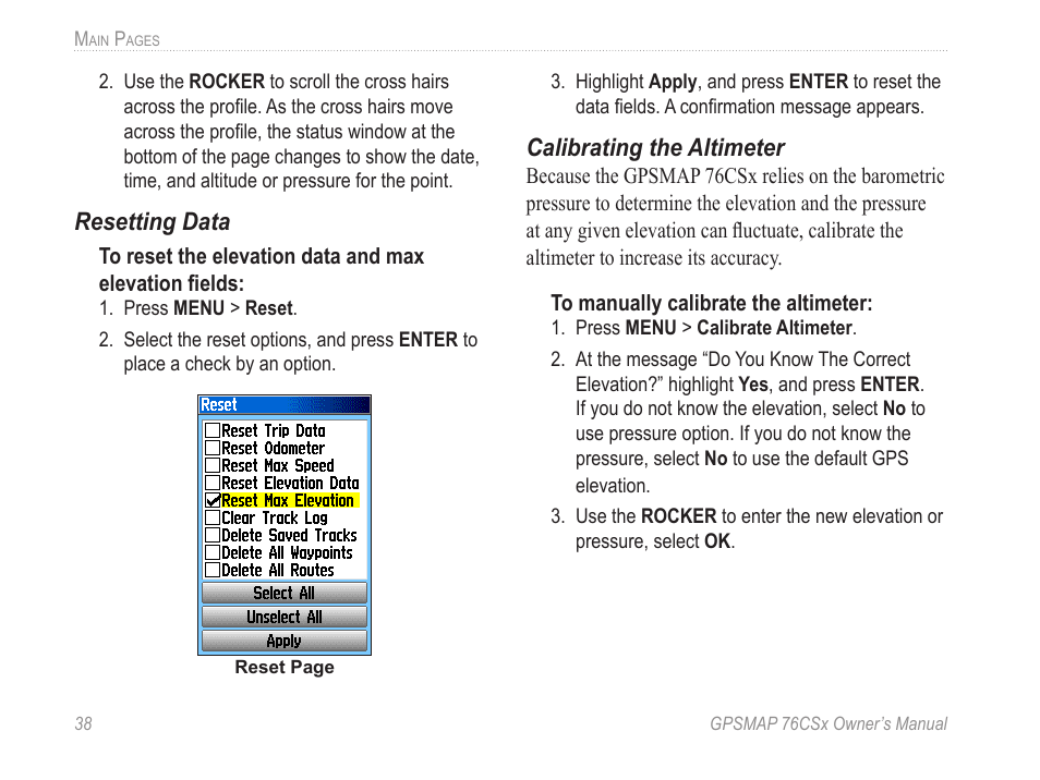 Resetting data, Calibrating the altimeter | Garmin GPSMAP 76CSx User Manual | Page 44 / 64