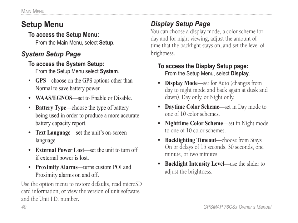 Setup menu | Garmin GPSMAP 76CSx User Manual | Page 46 / 64