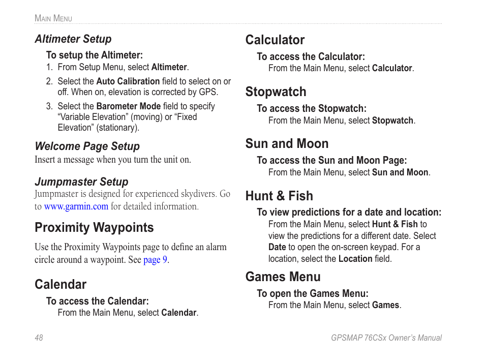 Calendar, Calculator, Stopwatch | Sun and moon, Hunt & fish, Games menu, Tables for this item location. see, Proximity waypoints | Garmin GPSMAP 76CSx User Manual | Page 54 / 64