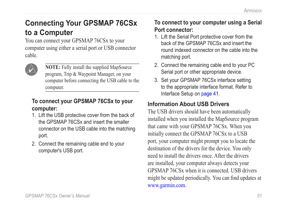 Connecting your gpsmap 76csx to a computer, Connecting your gpsm�p 76csx, To a computer | Connecting your gpsm�p 76csx to a computer | Garmin GPSMAP 76CSx User Manual | Page 57 / 64