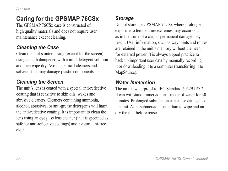 Caring for the gpsmap 76csx, Caring for the gpsm�p 76csx | Garmin GPSMAP 76CSx User Manual | Page 58 / 64