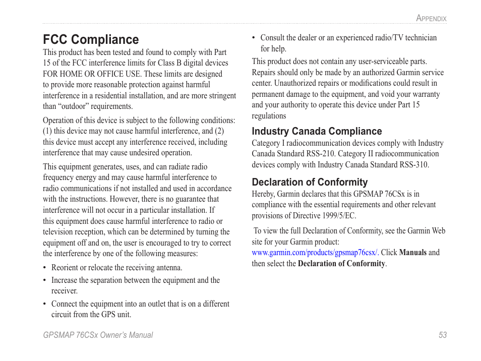 Fcc compliance | Garmin GPSMAP 76CSx User Manual | Page 59 / 64