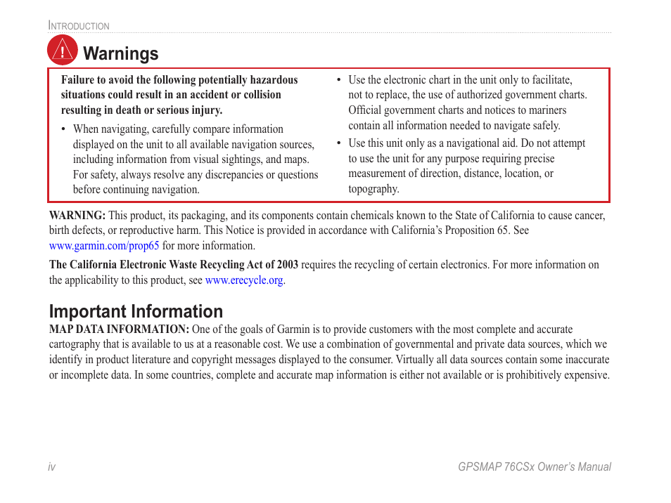 Warnings, Important information | Garmin GPSMAP 76CSx User Manual | Page 6 / 64
