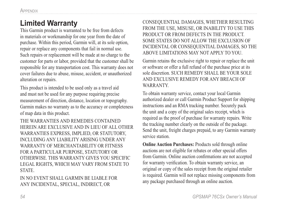 Limited warranty | Garmin GPSMAP 76CSx User Manual | Page 60 / 64