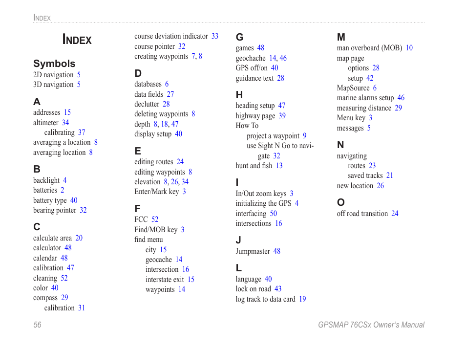 Index, Ndex | Garmin GPSMAP 76CSx User Manual | Page 62 / 64