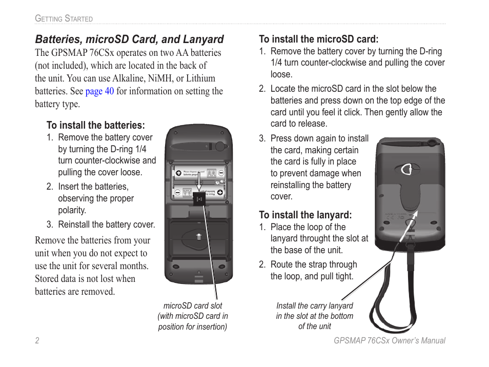 Batteries, microsd card, and lanyard | Garmin GPSMAP 76CSx User Manual | Page 8 / 64