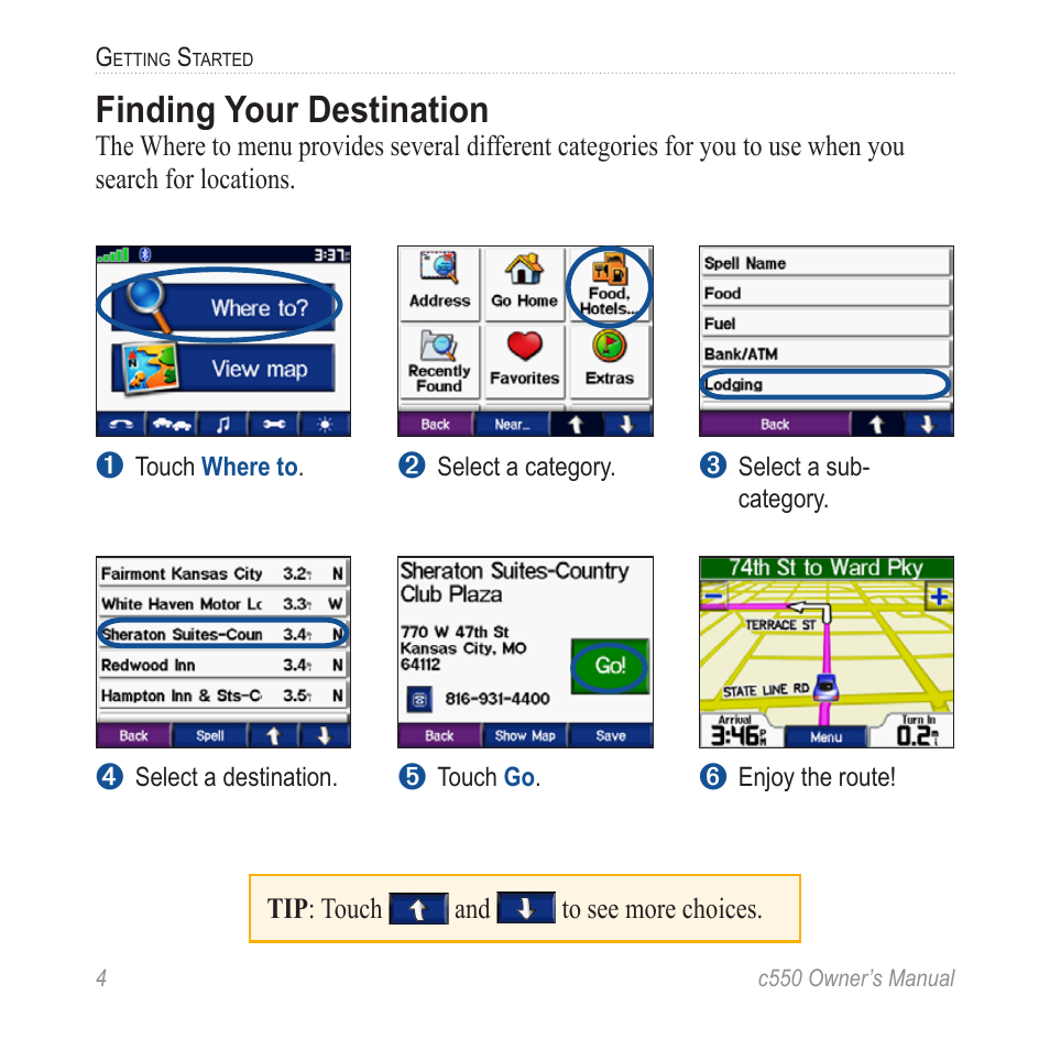Finding your destination | Garmin StreetPilot c550 User Manual | Page 12 / 52
