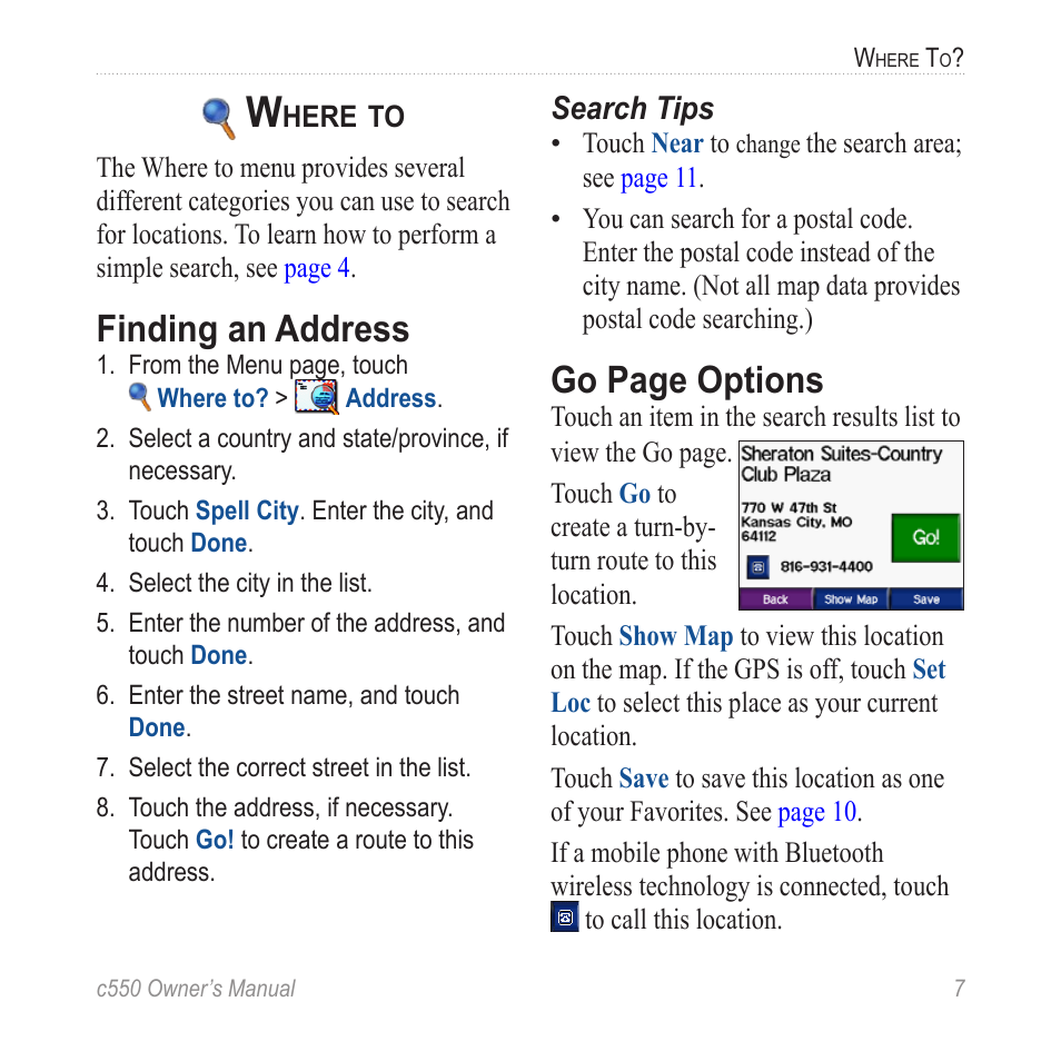 Where to, Finding an address, Go page options | Garmin StreetPilot c550 User Manual | Page 15 / 52