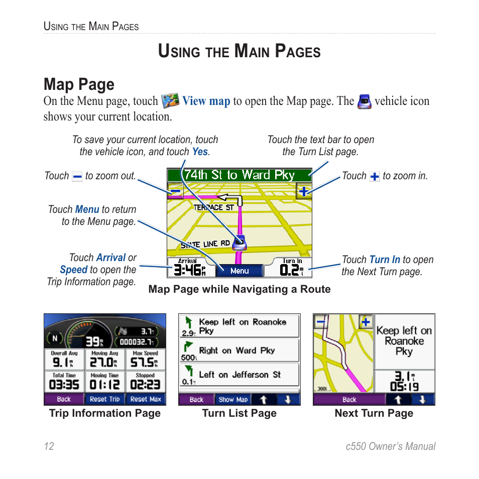 Map page | Garmin StreetPilot c550 User Manual | Page 20 / 52
