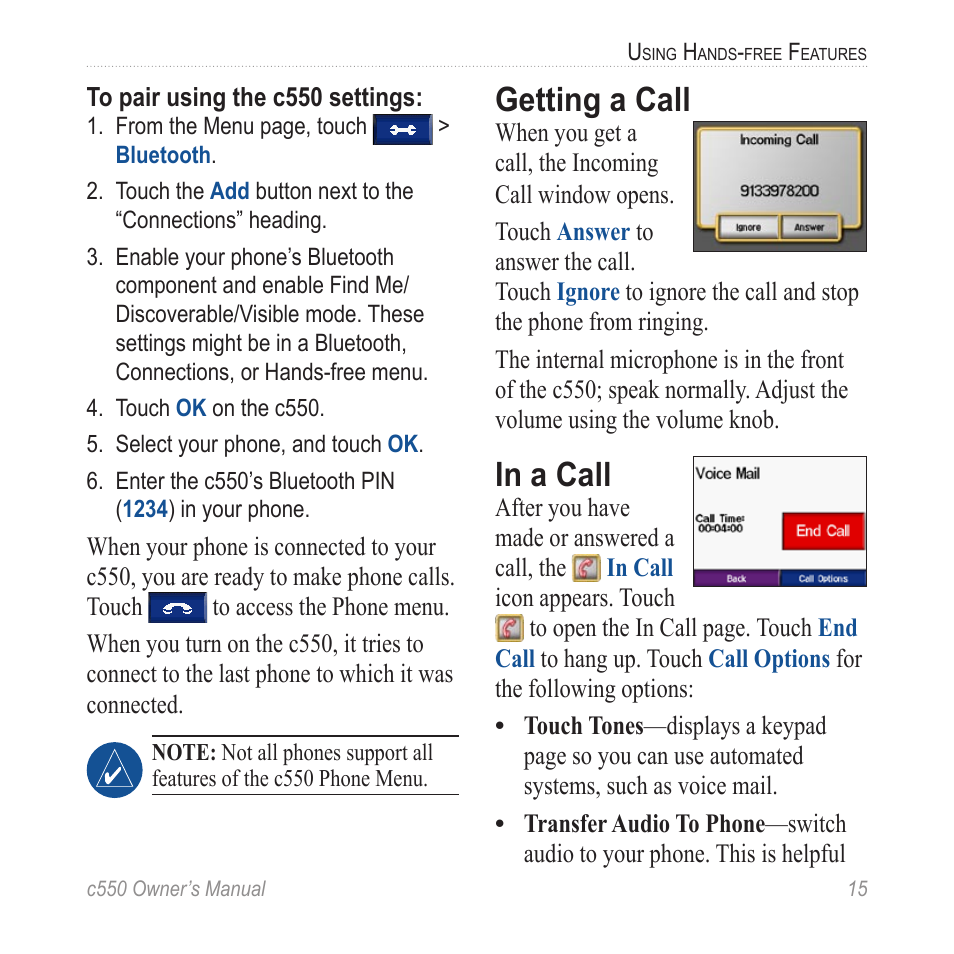 Getting a call, In a call | Garmin StreetPilot c550 User Manual | Page 23 / 52