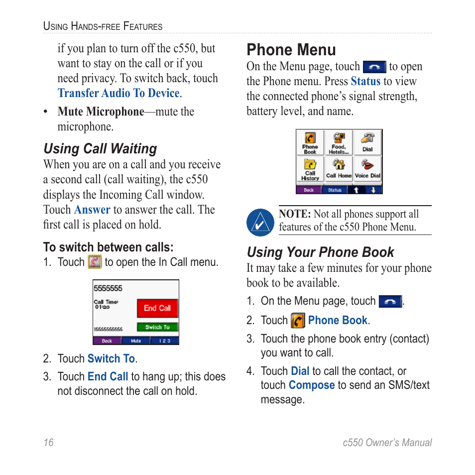 Phone menu, Using call waiting, Using your phone book | Garmin StreetPilot c550 User Manual | Page 24 / 52