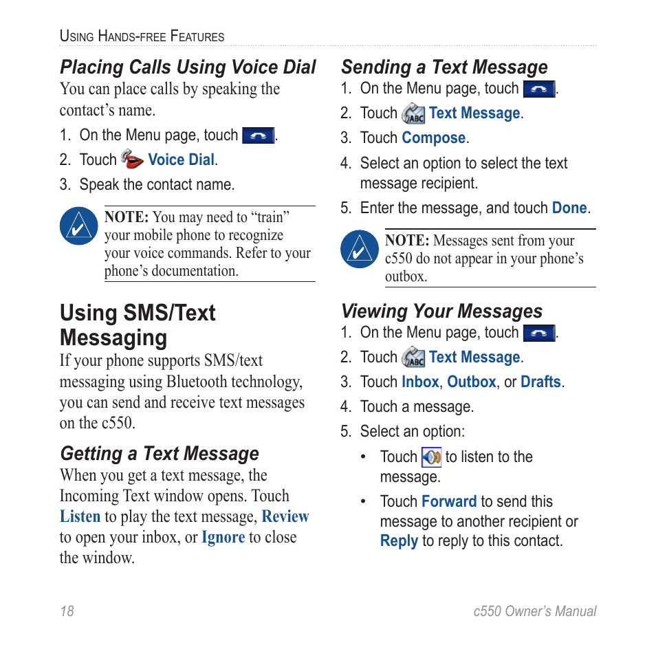 Using sms/text messaging, Placing calls using voice dial, Getting a text message | Sending a text message, Viewing your messages | Garmin StreetPilot c550 User Manual | Page 26 / 52