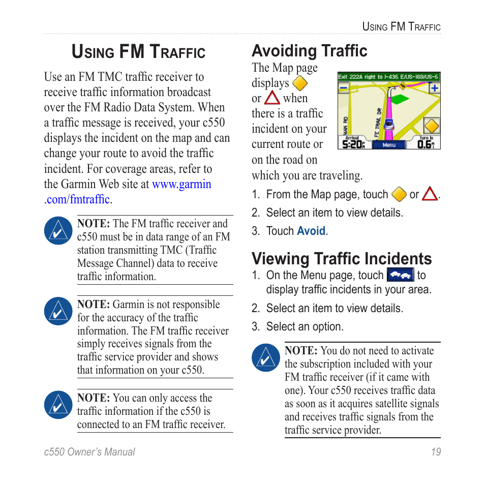 Using fm traffic, Avoiding traffic, Viewing traffic incidents | Fm t | Garmin StreetPilot c550 User Manual | Page 27 / 52